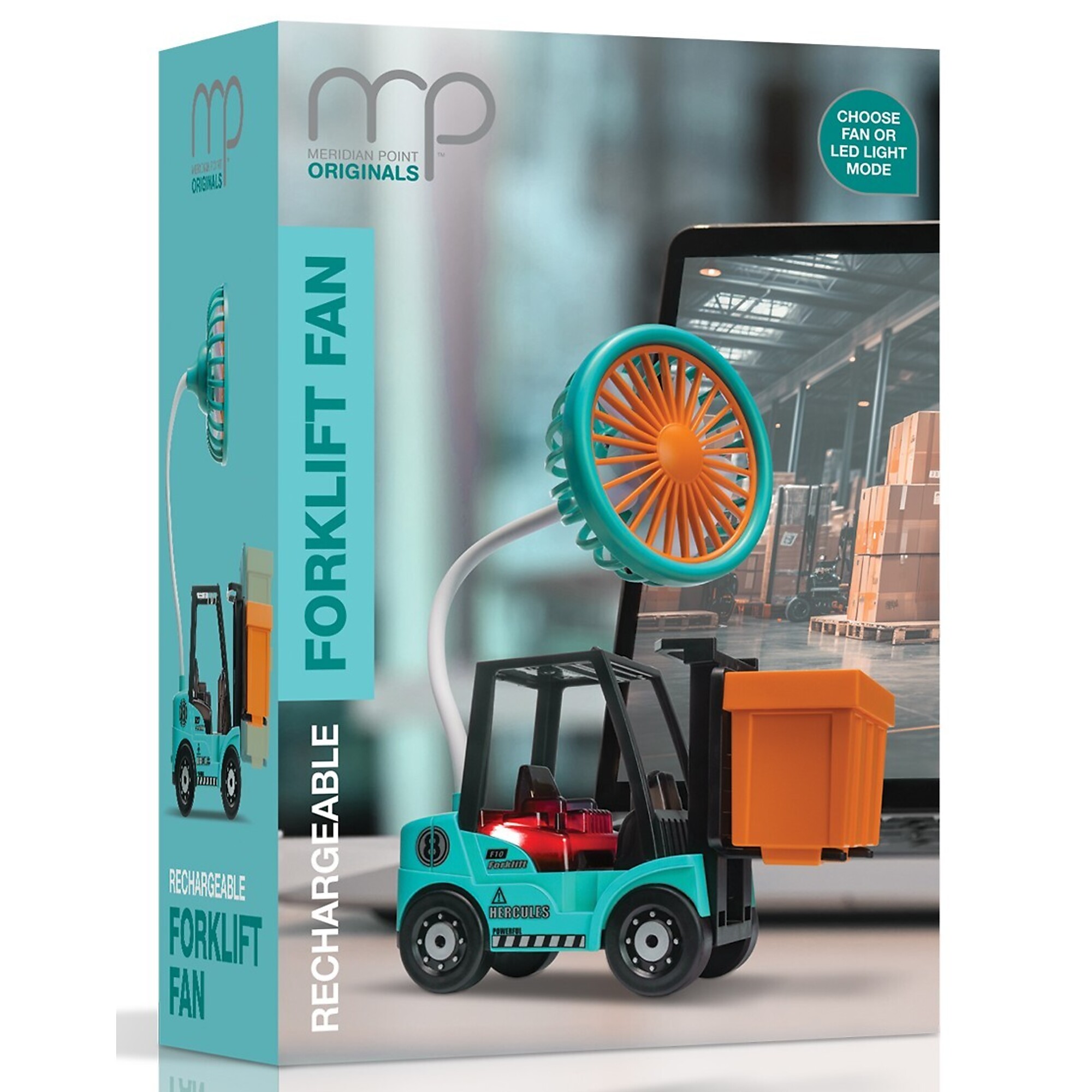 Meridian Point Originals Mini Forklift USB Rechargeable Desk Fan and LED Light – With Pencil Holder, Sharpener & Movable Lift, Model #RFLF-12-4839